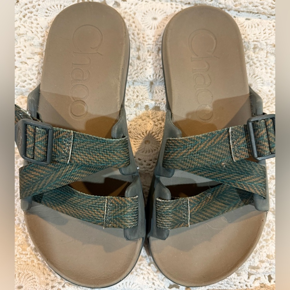 Women’s Chaco Slide Sandals with Green and Tan Straps